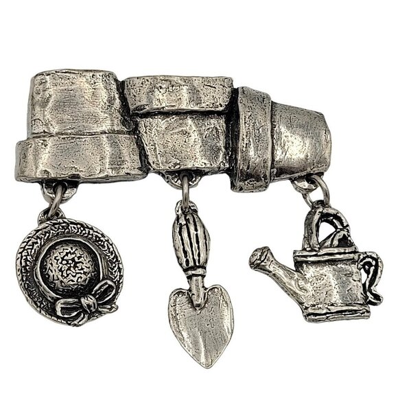 Sheridan Silvertone Pewter Gardening Theme Brooch Hat Trowel Watering Can Charms - Picture 1 of 4